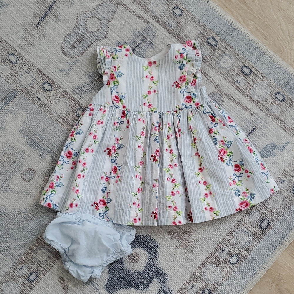Pippa & Julie Baby Girls Blue Flowers And Ribbon Bows Dress Sz0-3m